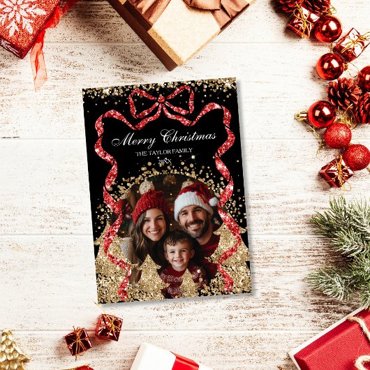 Elegante Gouden GlitterRibbon Kerstboom Foto Kaart