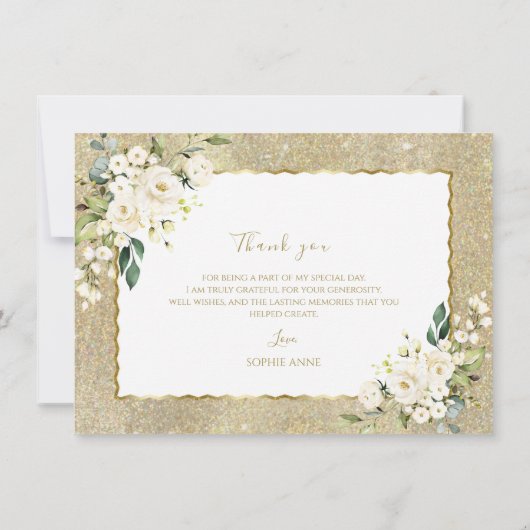Elegante gouden glitters witte bloemen vrouw verja bedankkaart (Achterkant)
