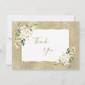 Elegante gouden glitters witte bloemen vrouw verja bedankkaart (Voorkant)