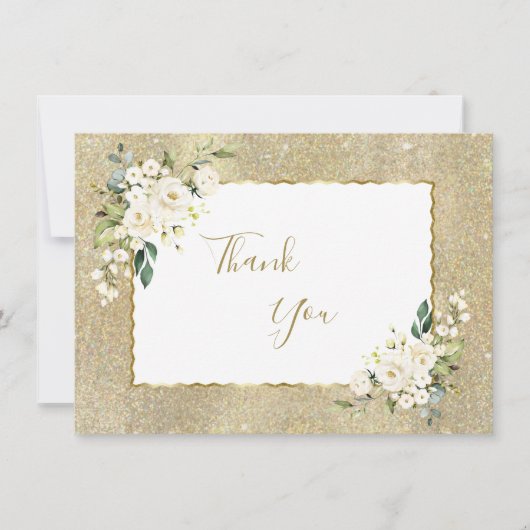 Elegante gouden glitters witte bloemen vrouw verja bedankkaart (Voorkant)