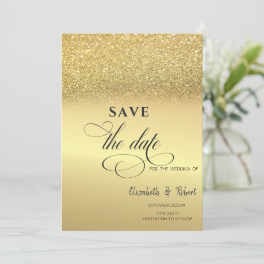 Elegante gouden glittersaai Huwelijksaankondiging  Save The Date (Staand voorkant)