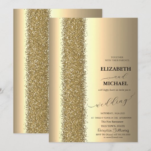 Elegante gouden glitterscript bruiloft kaart (Voorkant / Achterkant)