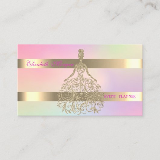 Elegante gouden glittersjurk, holografische streep visitekaartje (Voorkant)