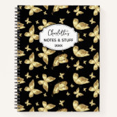 Elegante Gouden Goud Vlinder Script Naam Monogram Notitieboek (Voorkant)