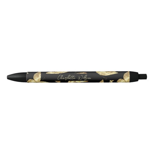 Elegante Gouden Goud Vlinder Script Naam Monogram Zwarte Inkt Pen (Voorkant)
