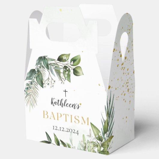 Elegante gouden groen bloemengebladerte doop bedankdoosjes (Geopend)