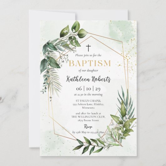 Elegante gouden groen bloemengebladerte doop kaart (Voorkant)