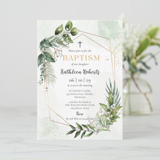 Elegante gouden groen bloemengebladerte doop kaart (Staand voorkant)