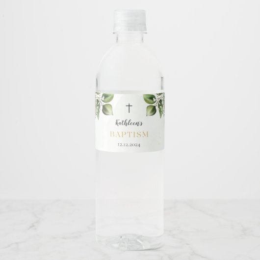 Elegante gouden groen bloemengebladerte doop waterfles etiket (Voorkant)