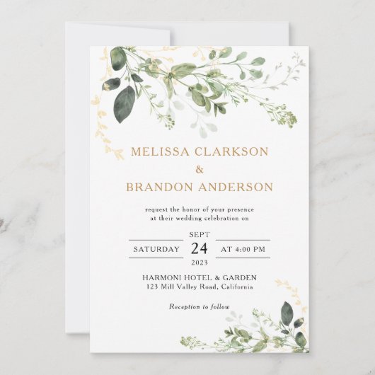 Elegante gouden groen eucalyptus monogram bruiloft kaart (Voorkant)