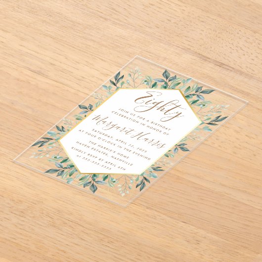 Elegante gouden groen laat 80e tachtig verjaardag acryl uitnodigingen (Laagn)