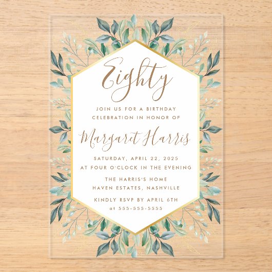 Elegante gouden groen laat 80e tachtig verjaardag acryl uitnodigingen (Voorkant)