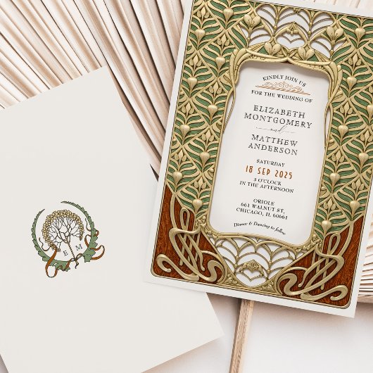 Elegante gouden & groene Art Nouveau bruiloft Kaart