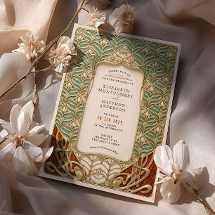 Elegante gouden & groene Art Nouveau bruiloft Kaart