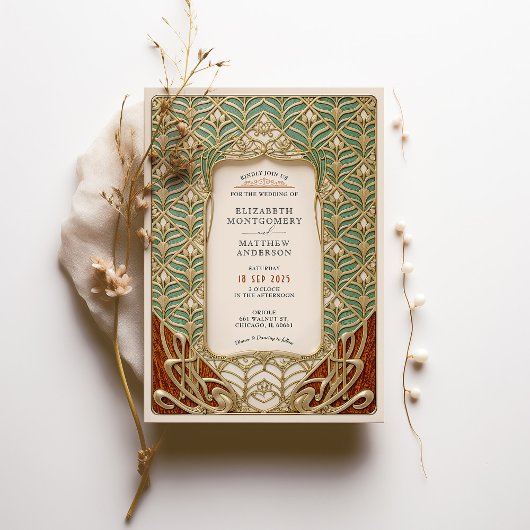 Elegante gouden & groene Art Nouveau bruiloft Kaart