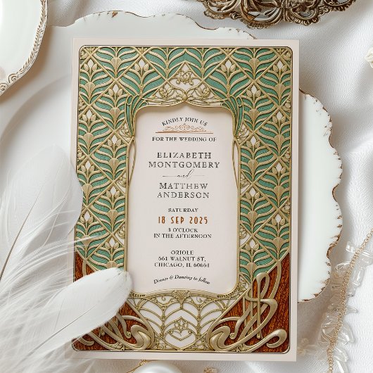 Elegante gouden & groene Art Nouveau bruiloft Kaart