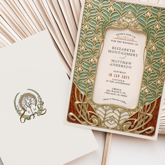 Elegante gouden & groene Art Nouveau bruiloft Kaart