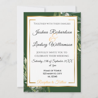 Elegante gouden & groene botanische trouwdag kaart