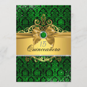 Elegante gouden groene damast Quinceanera uitnodig Kaart