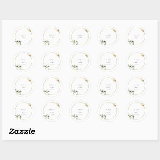 Elegante gouden groene Eucaliptus bruiloft Classic Ronde Sticker (Vel)