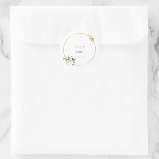 Elegante gouden groene Eucaliptus bruiloft Classic Ronde Sticker (Tas)