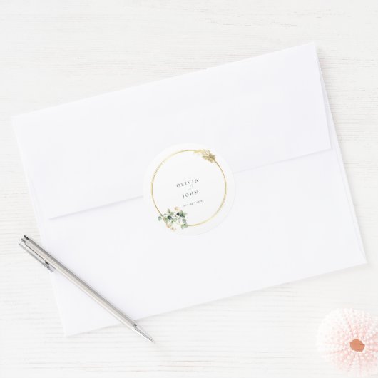 Elegante gouden groene Eucaliptus bruiloft Classic Ronde Sticker (Envelop)