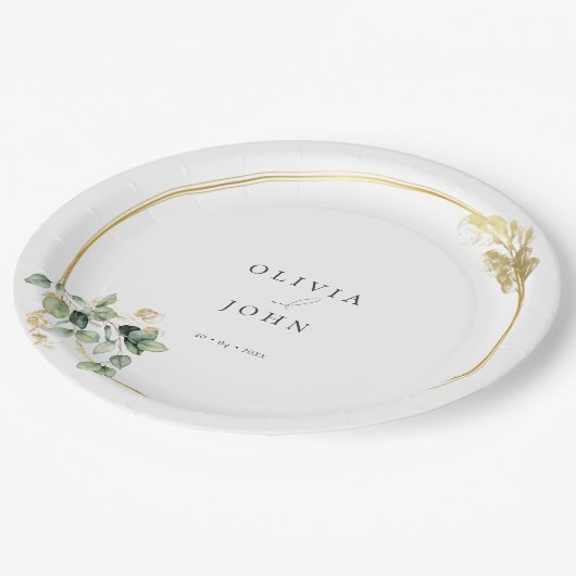 Elegante gouden groene Eucaliptus bruiloft Papieren Bordje (Gekanteld)