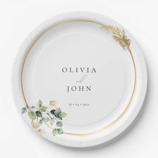 Elegante gouden groene Eucaliptus bruiloft Papieren Bordje (Voorkant)
