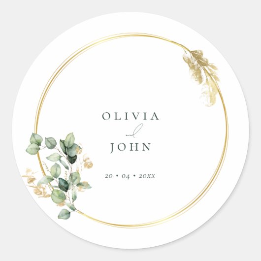 Elegante gouden groene Eucaliptus bruiloft Ronde Sticker (Voorkant)