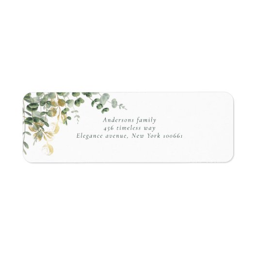 Elegante gouden groene eucalyptus bruiloft etiket (Voorkant)