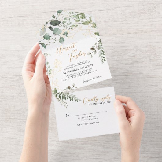 Elegante Gouden Groene Eucalyptus Monogram Bruilof All In One Uitnodiging (Afscheurbaar)