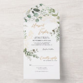 Elegante Gouden Groene Eucalyptus Monogram Bruilof All In One Uitnodiging (Binnen)