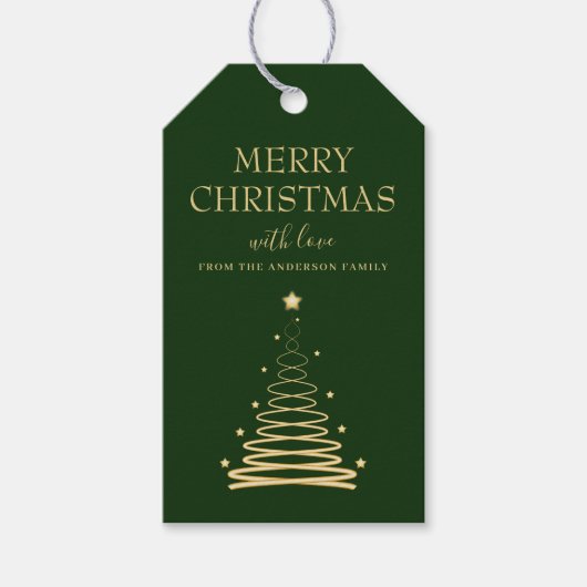 Elegante Gouden Groene Kerstboom Douane Cadeaulabel (Voorkant)