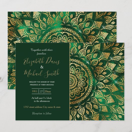 Elegante Gouden Groene Mandala Bloemmotief Kaart (Voorkant / Achterkant)