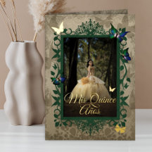Elegante Gouden Groene Vlinders Quinceanera Uitnod