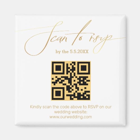 elegante gouden handgeschreven rsvp qr code bruilo magneet (Voorkant)