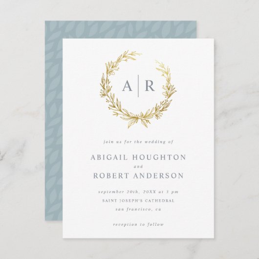 Elegante gouden handgetekende krans Initialen brui Uitnodiging Briefkaart (Voorkant / Achterkant)