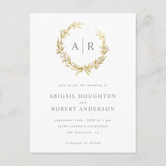 Elegante gouden handgetekende krans Initialen brui Uitnodiging Briefkaart (Voorkant)