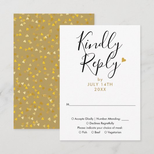 Elegante Gouden Hart Chic Script Bruiloft RSVP Kaartje (Voorkant / Achterkant)