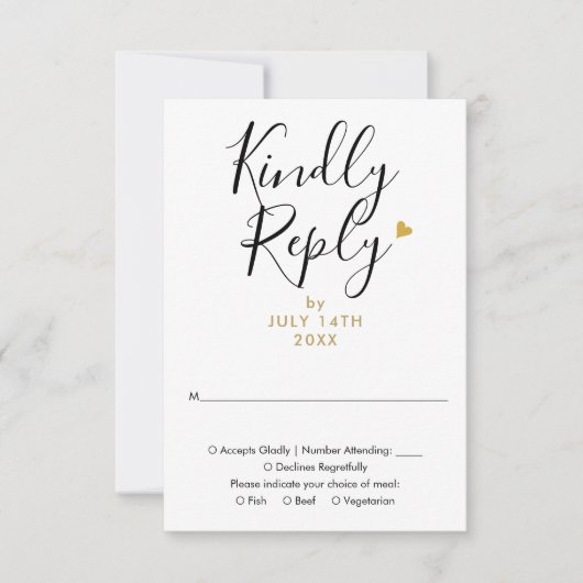 Elegante gouden hart chique script bruiloft RSVP kaartje (Voorkant)