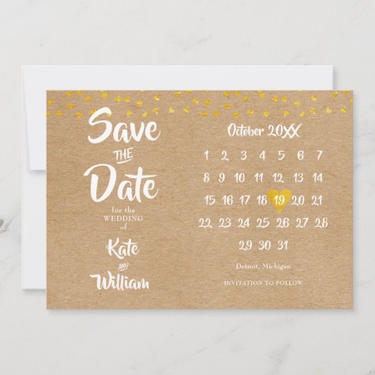 Elegante Gouden Hart Kalender Rustieke Boho Save The Date (Voorkant)