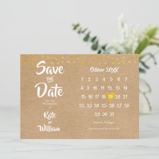 Elegante Gouden Hart Kalender Rustieke Boho Save The Date (Staand voorkant)