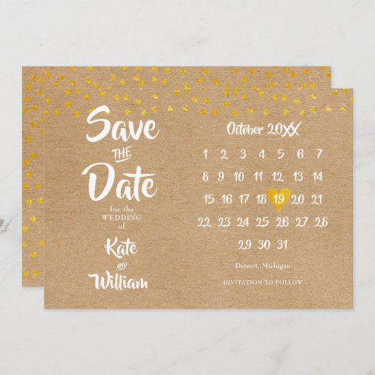 Elegante Gouden Hart Kalender Rustieke Boho Save The Date (Voorkant / Achterkant)