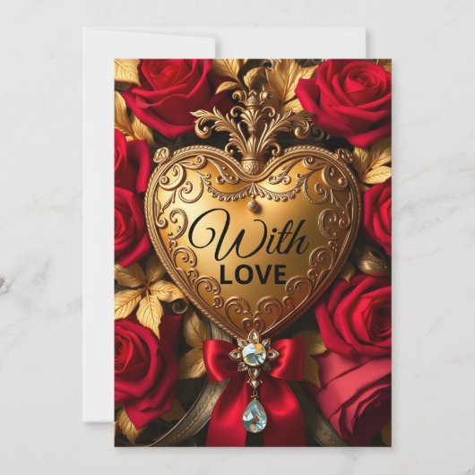 Elegante Gouden Hart met Rode Rozen en Juweel Kaart (Voorkant)