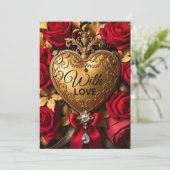 Elegante Gouden Hart met Rode Rozen en Juweel Kaart (Staand voorkant)