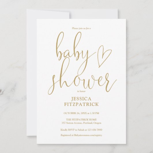 Elegante Gouden Hart Script Baby Shower Kaart (Voorkant)