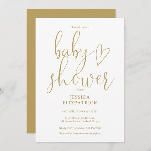 Elegante Gouden Hart Script Baby Shower Kaart (Voorkant / Achterkant)