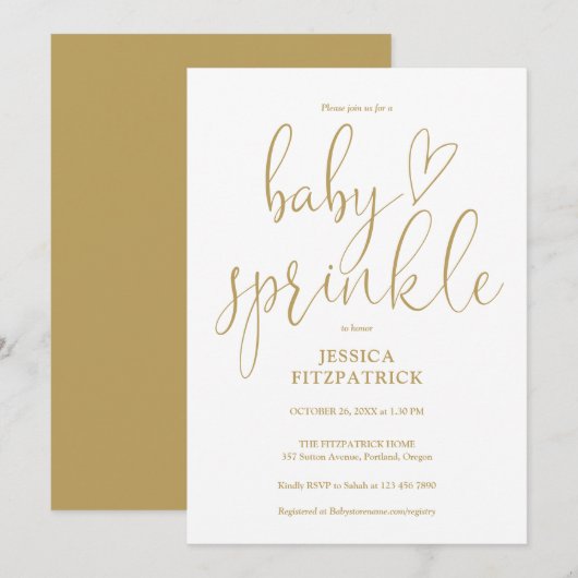 Elegante Gouden Hart Script Baby Sprinkle Feest Kaart (Voorkant / Achterkant)