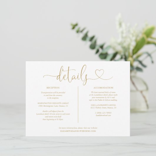 Elegante gouden hart script details informatie kaart (Staand voorkant)