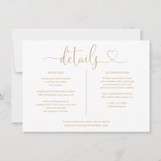 Elegante gouden hart script details informatie kaart (Voorkant)